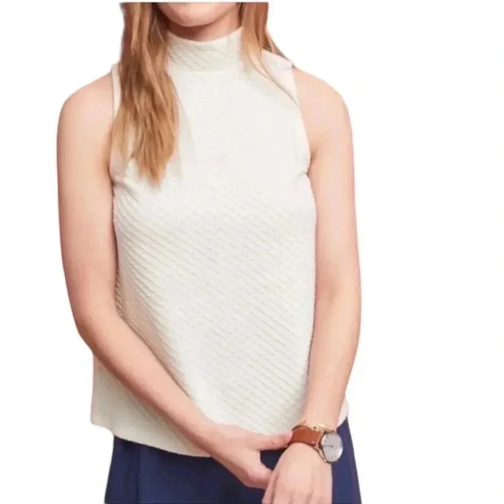 NWT Eri + Ali Anthropologie Ivory Overture High Neck Top, Size Extra Small